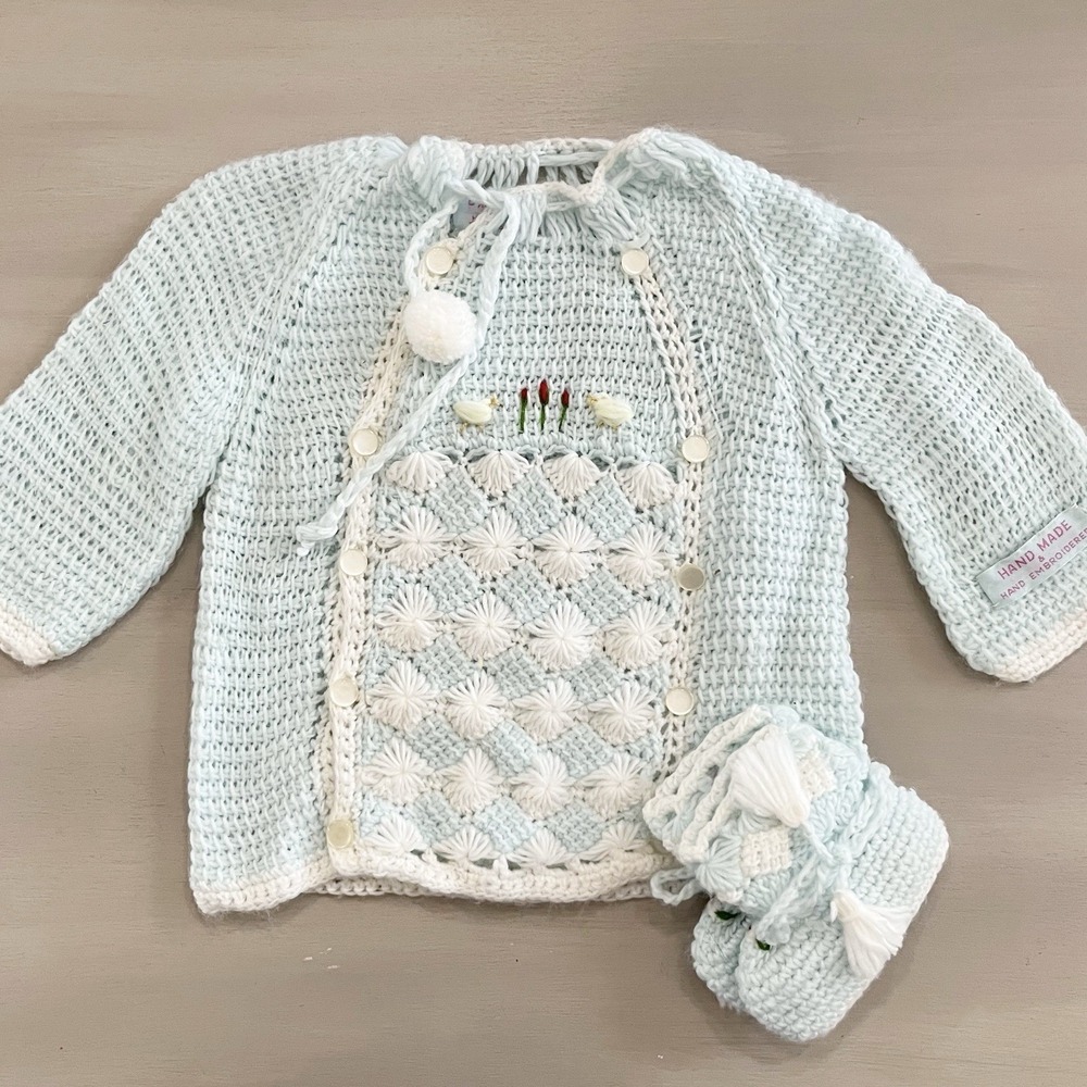 Vintage Handmade Baby Sweater Booties Set Republic of Korea  Blue Knit Crochet